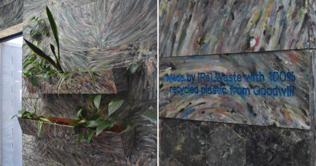 The photo on the left features two plant holders, made out of multi-coloured plastic, attached to a wall of multi-coloured plastic tiles. The photo of the right includes three rectangular multi-coloured plastic tiles with the words "Made by rewaste with 100 percent recycled plastic from Goodwill" etched in the middle tile.
