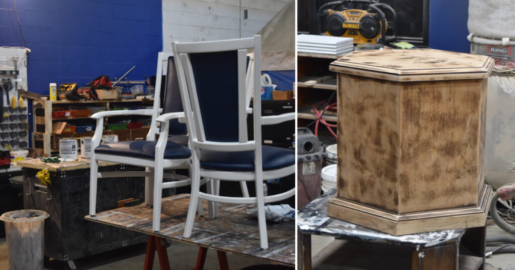 Two photos -- of two white and blue chairs and a sanded-down hexagonal end table -- sitting on tables in a workshop.